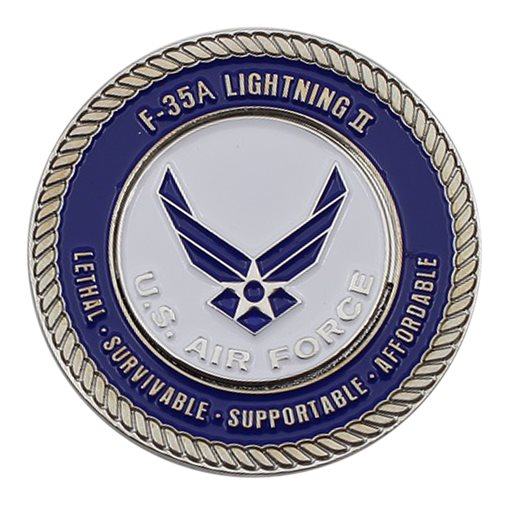 F-35A Lightning II Shiny Silver Nickel Plated Challenge Coin front view